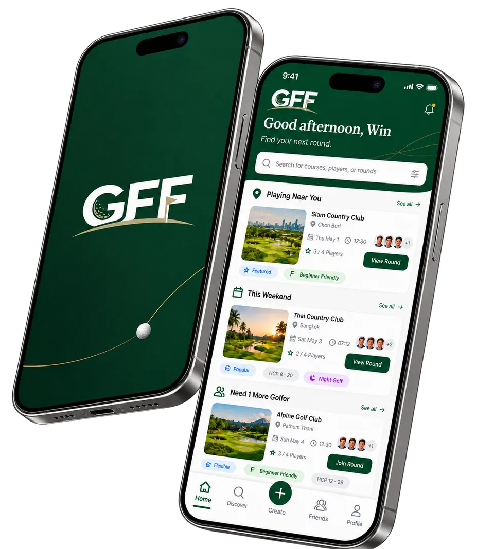 หน้าจอแอป GFF บนมือถือสองเครื่อง แสดงรอบกอล์ฟที่เปิดรับผู้เล่น